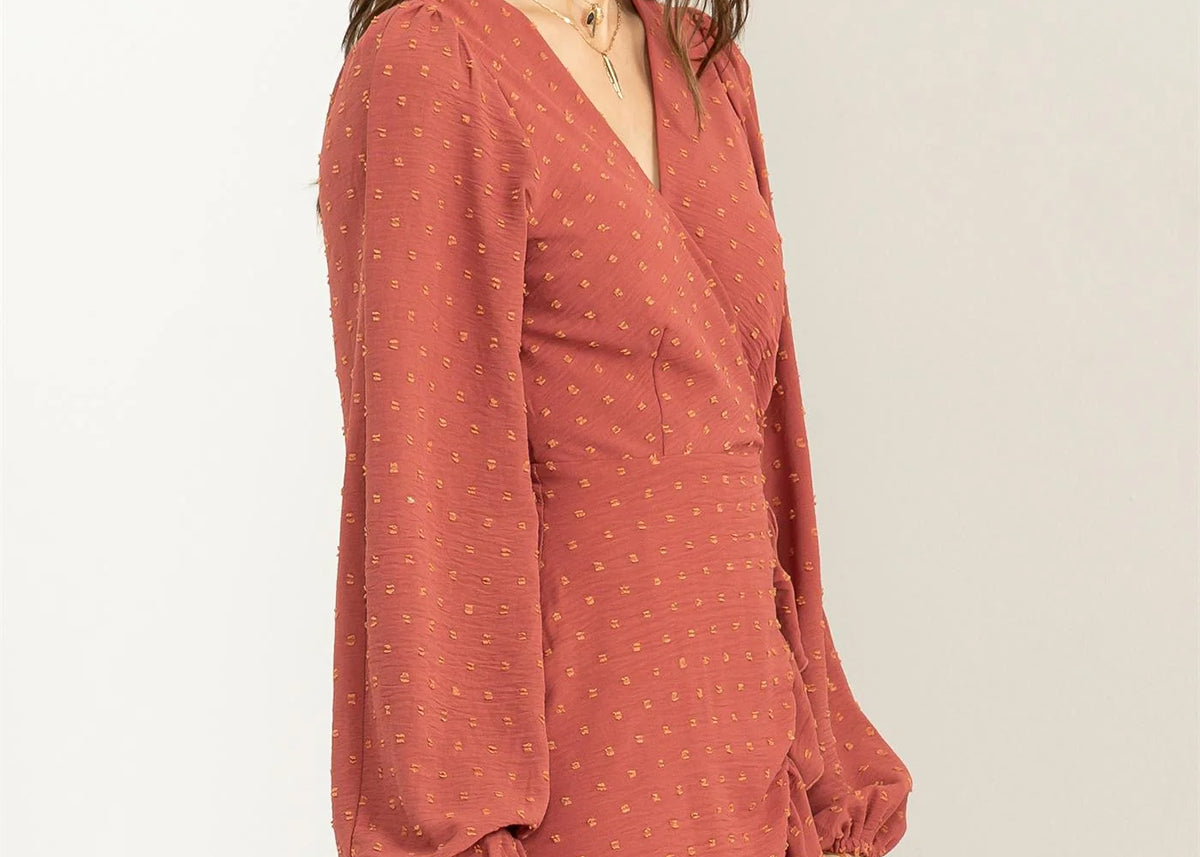 Brunette model wearing Sienna Long Sleeve Dress side view